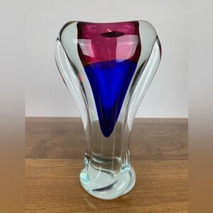 Sommerso Handblown Vase Blue Red Clear Vtg Heavy High Quality Organic Shape Read